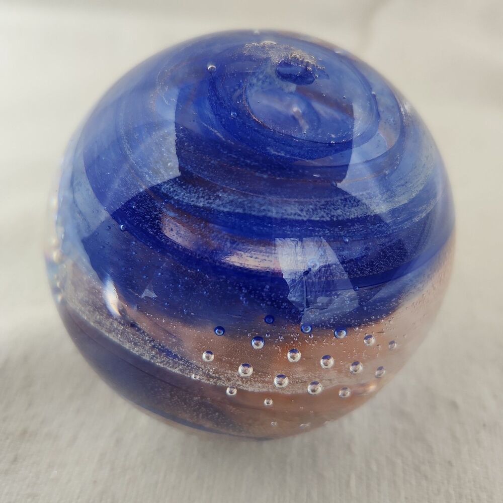 Paperweight Murano Style Hand Art Glass Swirl Blue White Red Controlled Bubbles